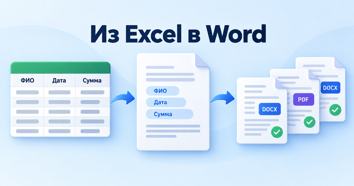 Данные из таблицы Excel заполняют Word-шаблон и превращаются в отдельные документы DOCX или PDF