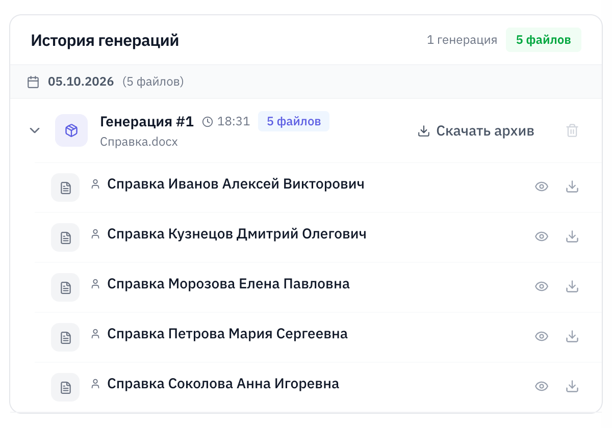 История генераций в Аксель.Док: 5 файлов «Справка» с ФИО сотрудников в имени