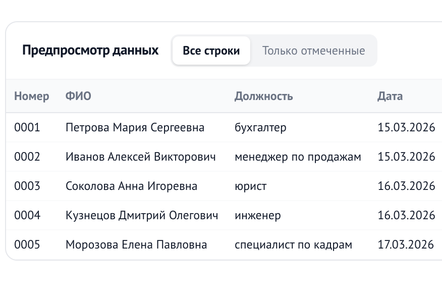 Предпросмотр таблицы: колонки Номер, ФИО, Должность, Дата, пять строк, первая — 0001, 15.03.2026