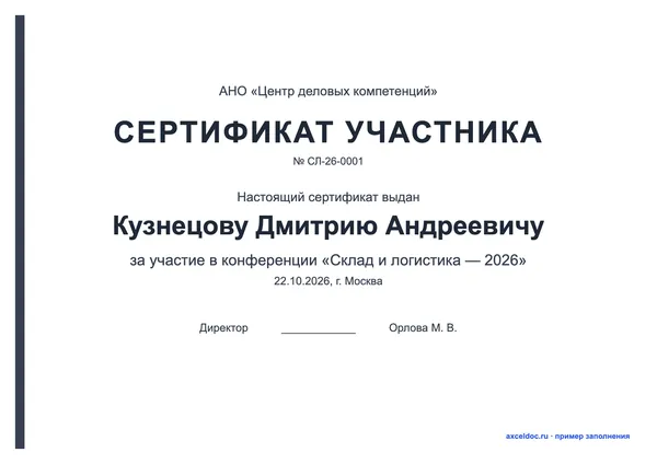 Шаблон сертификата участника в Word — оформление 2